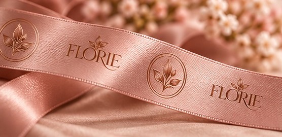 Fita de cetim rosé com a marca Florie